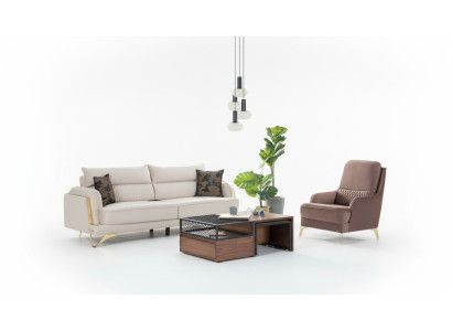Sofagarnitur 3+1 Sitzer Creme Braun Stoff Goldfüße Elegant Modern Wohnzimmer