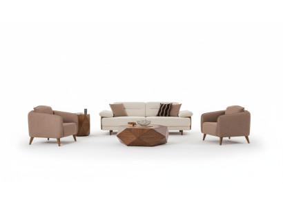 Sofagarnitur 3+3+1 Sitzer Beige Braun Stoffbezug Holzfüße Skandi Modern Stil