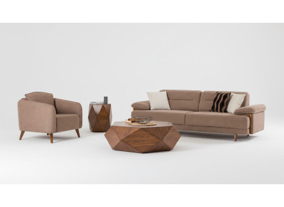 Sofagarnitur 3+1 Sitzer Braun Stoffbezug Holzfüße Skandi Stil Modern Wohnen