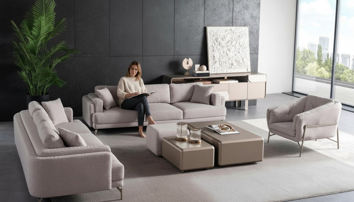 Juego de muebles para sala de estar en tela beige con sofás modernos y sillón