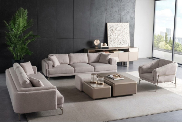 Juego de muebles para sala de estar en tela beige con sofás modernos y sillón
