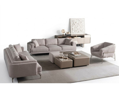 Juego de muebles para sala de estar en tela beige con sofás modernos y sillón