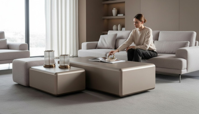 Conjunto de mesa de sofá y pouf moderno y universal en beige