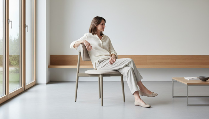 Silla de tela beige elegante para la sala de estar y el comedor