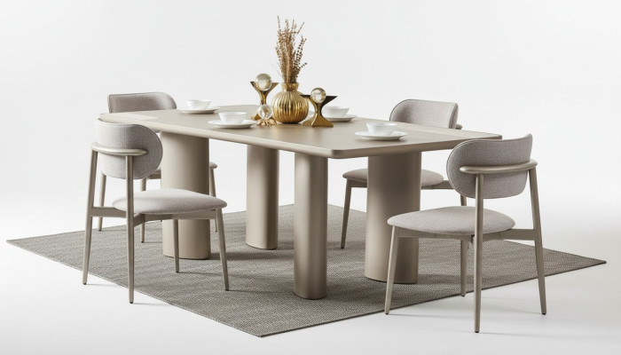 Mesa de comedor elegante en beige con patas de madera y 4 sillas de tela