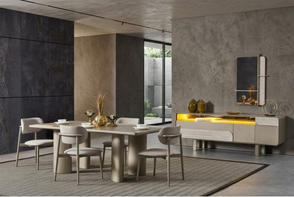Conjunto de mesa de comedor elegante en madera beige con sillas y consola