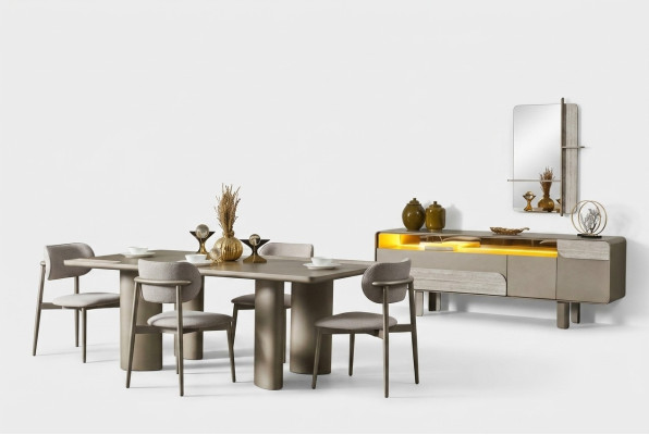 Conjunto de mesa de comedor elegante en madera beige con sillas y consola