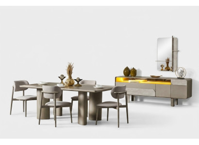 Conjunto de mesa de comedor elegante en madera beige con sillas y consola