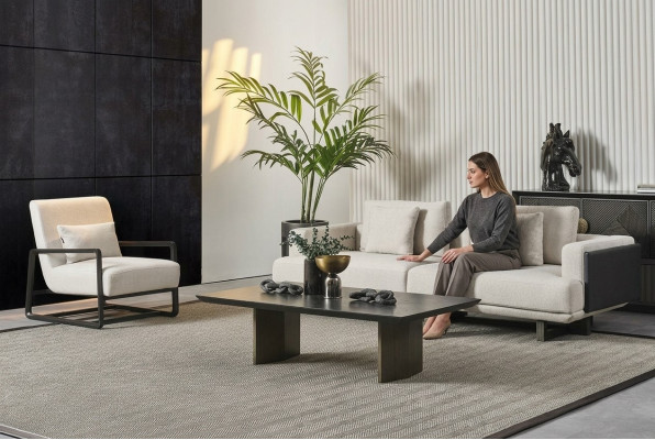 Sofá elegante de madera marrón con sofá de 3 plazas y sillón