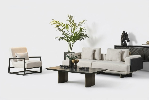Sofá elegante de madera marrón con sofá de 3 plazas y sillón