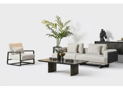 Sofá elegante de madera marrón con sofá de 3 plazas y sillón