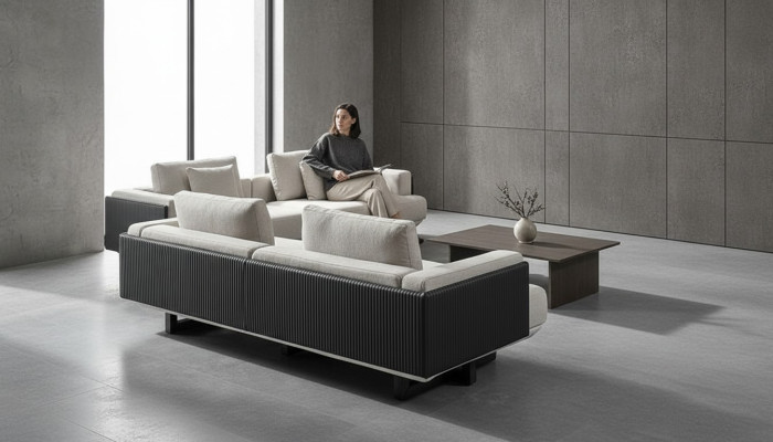 Conjunto de muebles en tela marrón con mesa y sofás