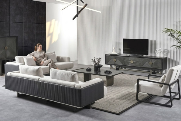 Muebles de sala modernos en marrón con sofás y sillones