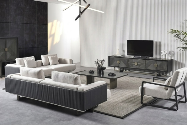 Muebles de sala modernos en marrón con sofás y sillones