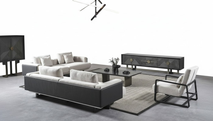 Muebles de sala modernos en marrón con sofás y sillones