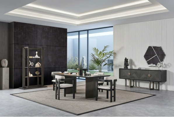 Elegante mesa de comedor de madera marrón con 4 sillas y consola