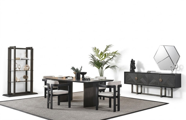 Elegante mesa de comedor de madera marrón con 4 sillas y consola