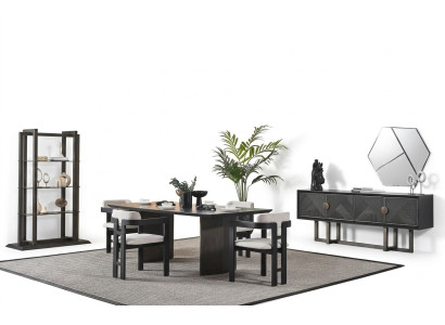 Elegante mesa de comedor de madera marrón con 4 sillas y consola