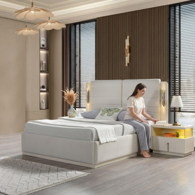 Cama tapizada elegante con 3 mesitas de noche, juego de 3 piezas