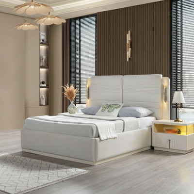 Cama tapizada elegante con 3 mesitas de noche, juego de 3 piezas