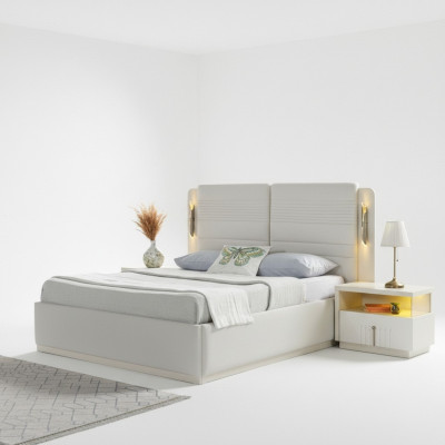 Cama tapizada elegante con 3 mesitas de noche, juego de 3 piezas