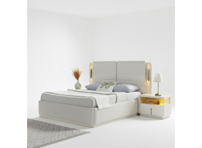 Cama tapizada elegante con 3 mesitas de noche, juego de 3 piezas
