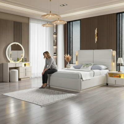 Cama tapizada para el dormitorio con 2 mesitas modernas y elegantes, juego de 5 piezas