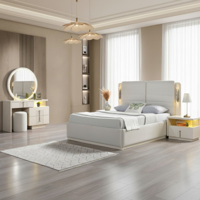 Cama tapizada para el dormitorio con 2 mesitas modernas y elegantes, juego de 5 piezas