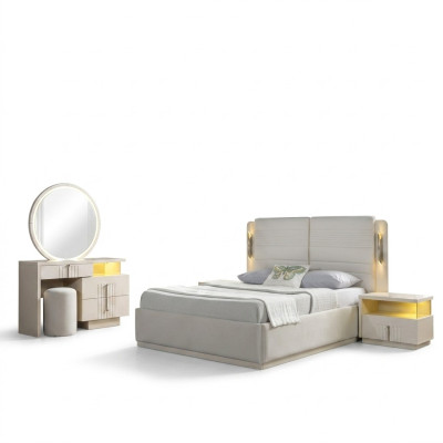 Cama tapizada para el dormitorio con 2 mesitas modernas y elegantes, juego de 5 piezas