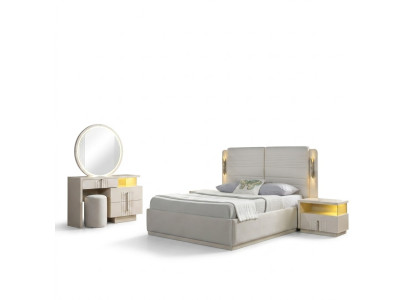 Cama tapizada para el dormitorio con 2 mesitas modernas y elegantes, juego de 5 piezas