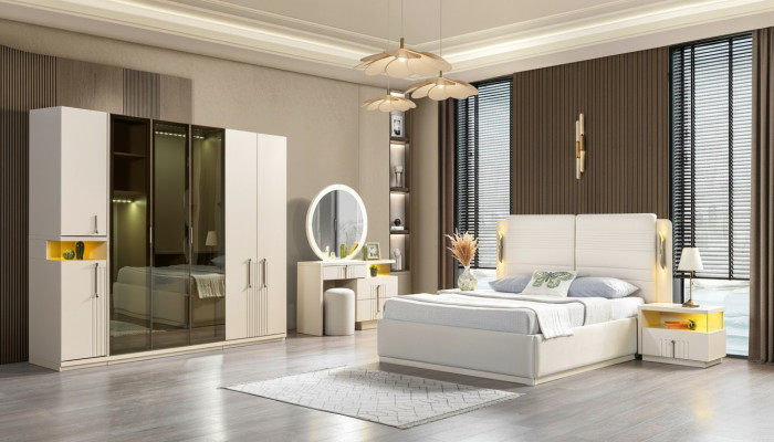 Conjunto moderno de dormitorio cama armario mesitas