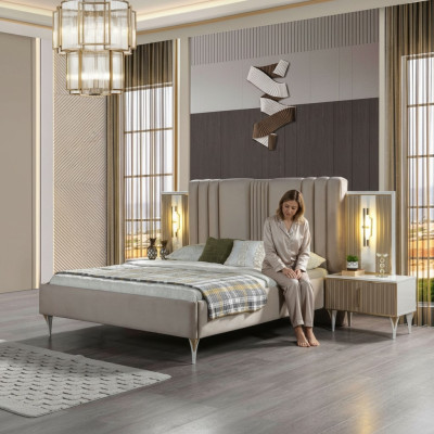 Juego de muebles elegante de 3 piezas con cama y mesitas de noche