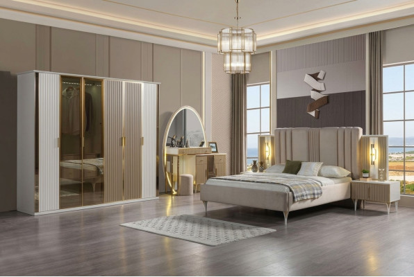 Juego de cama moderno de 6 piezas con mesitas de noche