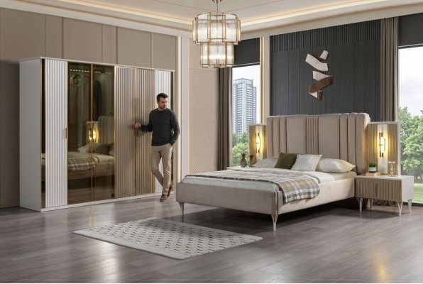 Conjunto de dormitorio con cama, 2 mesitas de noche y armario moderno, 4 piezas