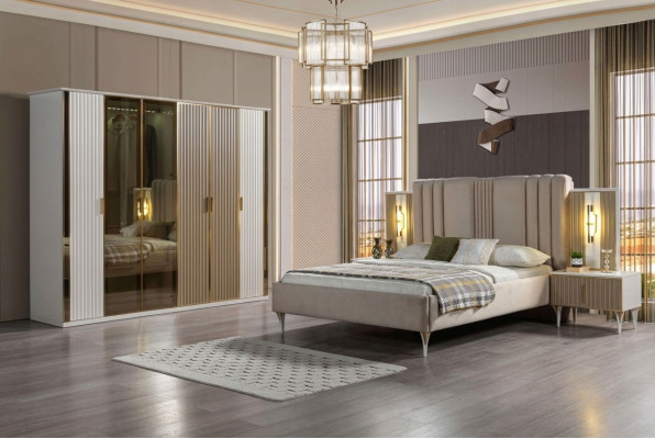 Conjunto de dormitorio con cama, 2 mesitas de noche y armario moderno, 4 piezas