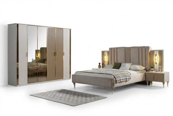 Conjunto de dormitorio con cama, 2 mesitas de noche y armario moderno, 4 piezas
