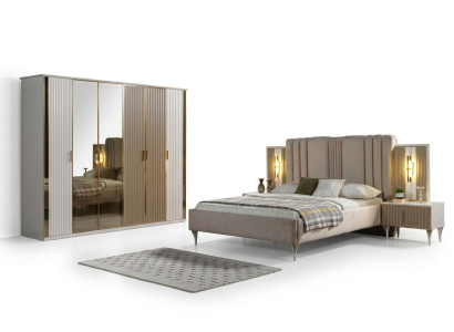 Conjunto de dormitorio con cama, 2 mesitas de noche y armario moderno, 4 piezas