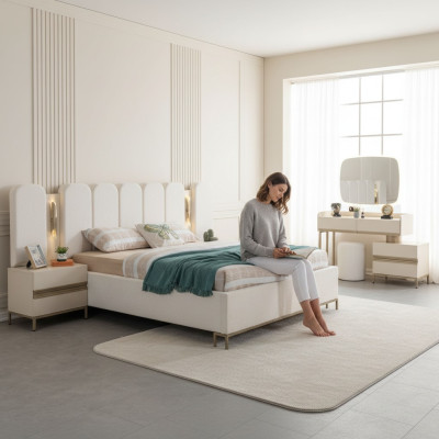 Conjunto de dormitorio completo con cómoda, espejo, cama y mesitas de noche