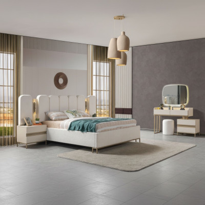 Conjunto de dormitorio completo con cómoda, espejo, cama y mesitas de noche