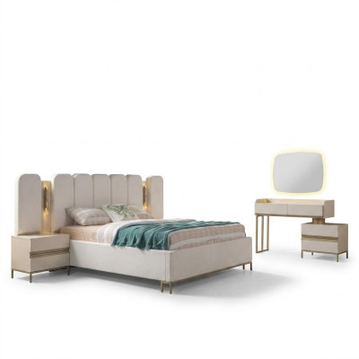 Conjunto de dormitorio completo con cómoda, espejo, cama y mesitas de noche