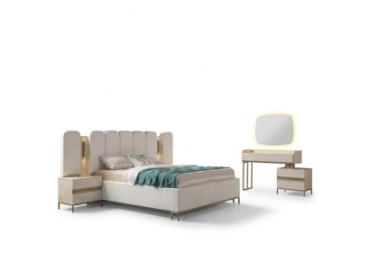 Conjunto de dormitorio completo con cómoda, espejo, cama y mesitas de noche