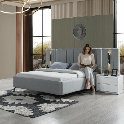 Conjunto de dormitorio con cama y 2 mesitas modernas