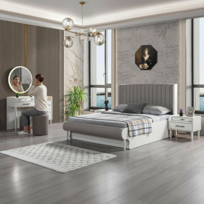 Moderno dormitorio completo de 5 piezas. Cama, mesitas de noche, armario