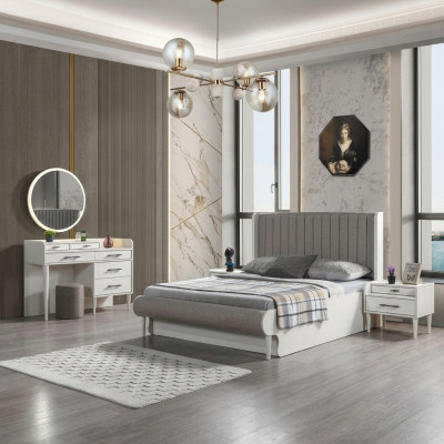 Moderno dormitorio completo de 5 piezas. Cama, mesitas de noche, armario