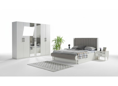 Moderno dormitorio de 4 piezas con cama, armario y mesitas de noche