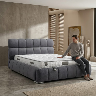 Cama azul moderna con colchón de textil y madera