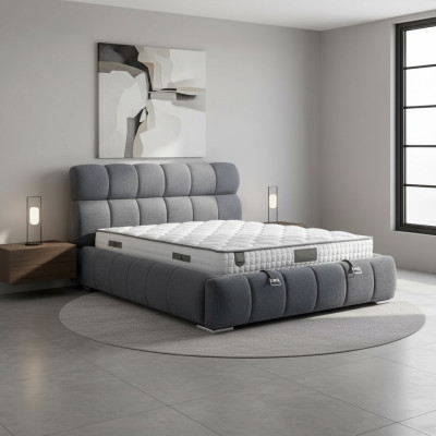 Cama azul moderna con colchón de textil y madera