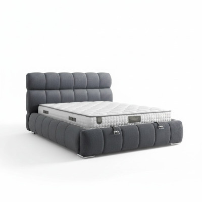 Cama azul moderna con colchón de textil y madera