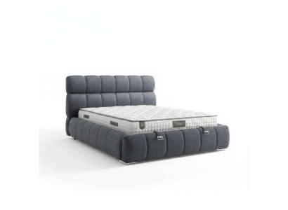 Cama azul moderna con colchón de textil y madera