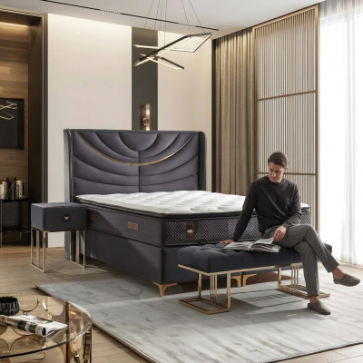Elegante cama gris con colchón de textil y madera